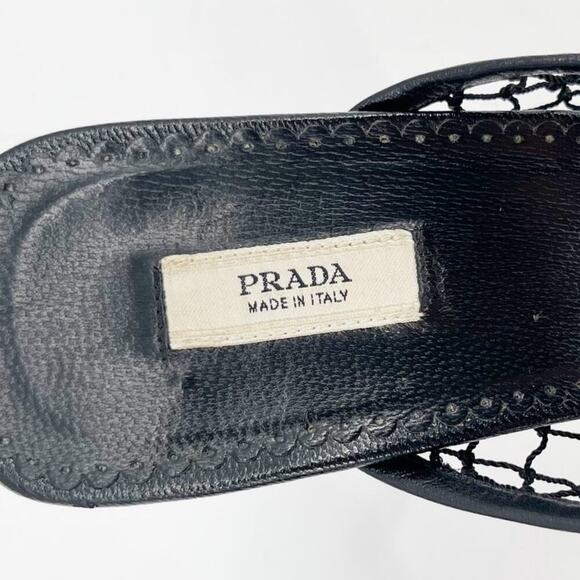 Prada Vintage Black Fishnet Bow Detail Retro Mule Slide Sandal Heel size IT 38.5 - Picture 9 of 11